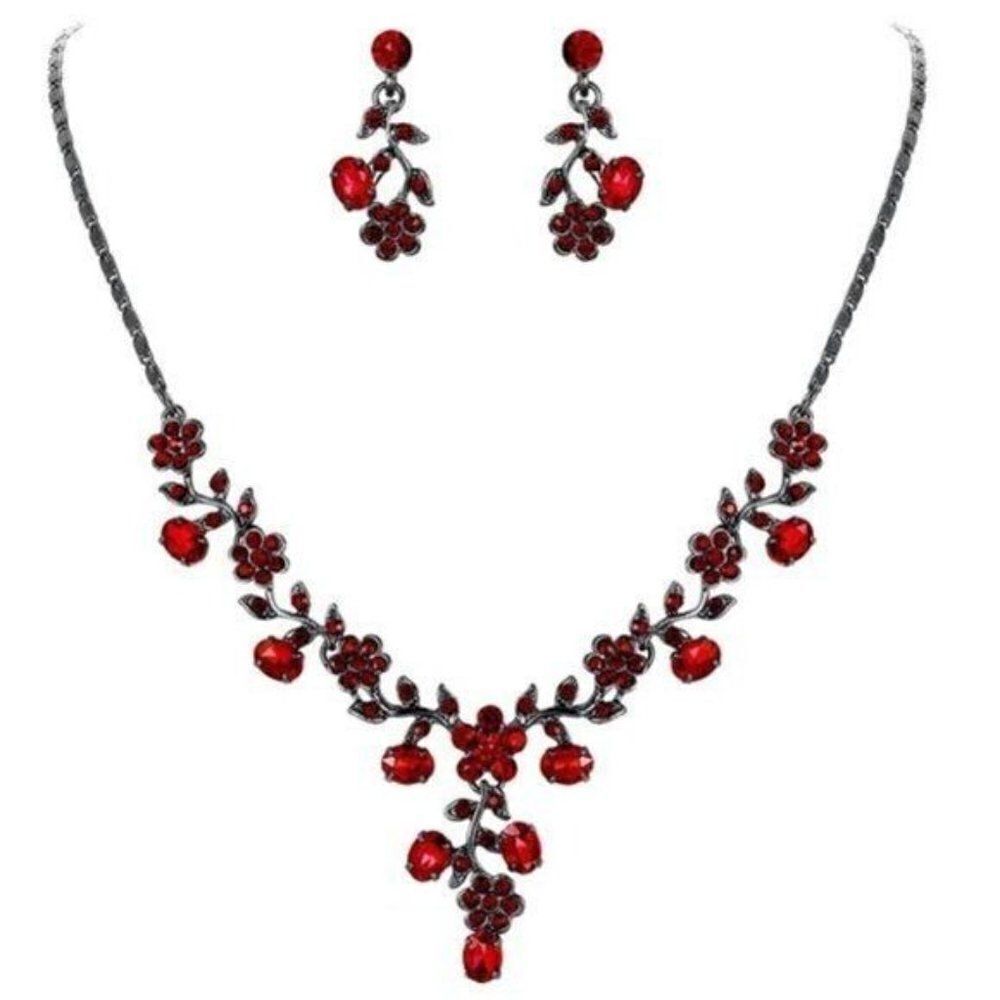 Black and Ruby Red Austrian Crystal Flower Leaf Necklace and Earrings Set